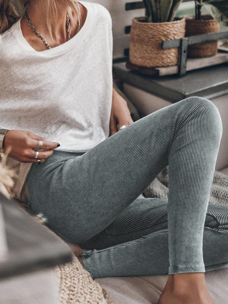 Women's Charcoal Acid Wash Ribbed High-Waist Cotton Leggings