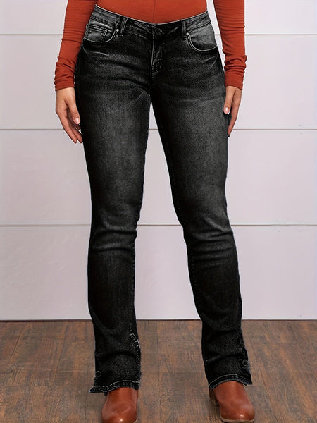 Vintage Embroidered Patchwork Bootcut Button Side Split Denim Jeans