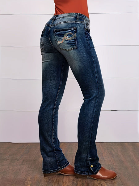 Vintage Embroidered Patchwork Bootcut Button Side Split Denim Jeans