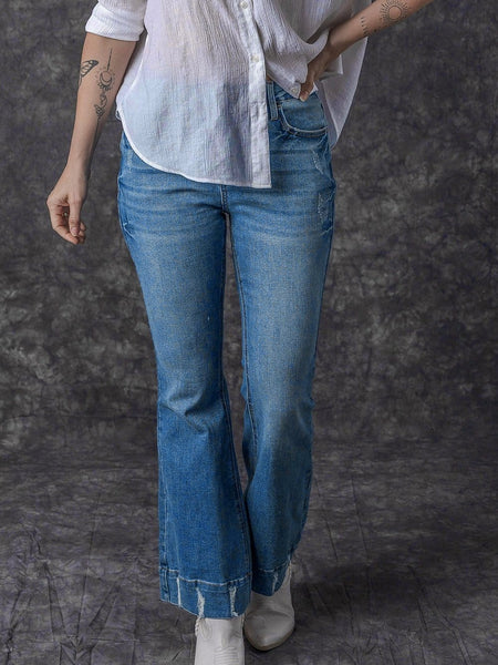 Vintage Embroidered Patchwork Bootcut Button Side Split Denim Jeans