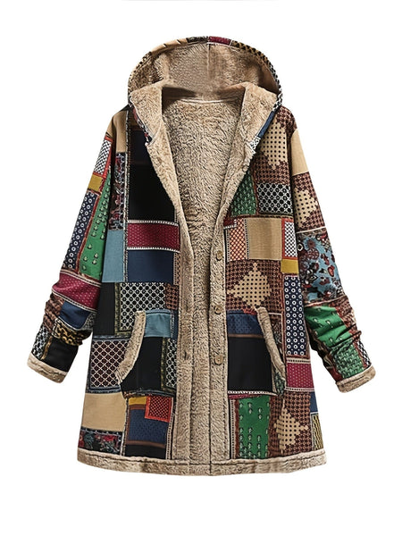 Women's Vintage Patchwork Printed Long Sleeve Button-Up Hooded Coat
