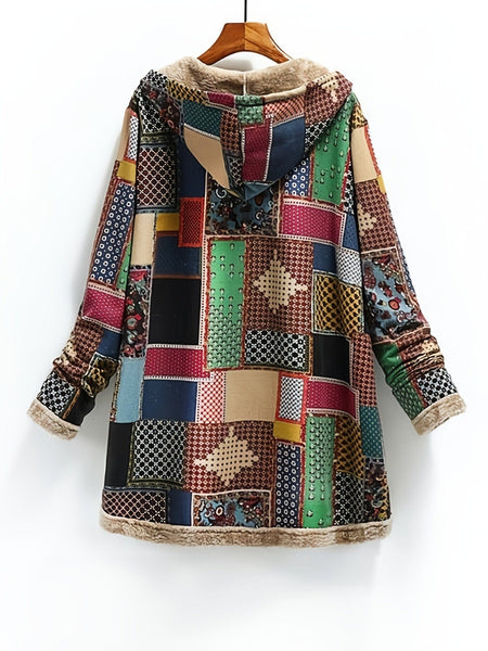 Women's Vintage Patchwork Printed Long Sleeve Button-Up Hooded Coat