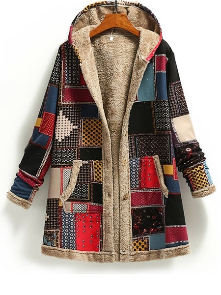Women's Vintage Patchwork Printed Long Sleeve Button-Up Hooded Coat