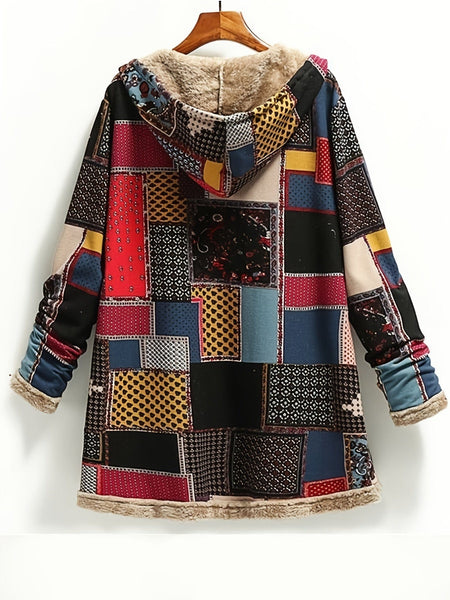 Women's Vintage Patchwork Printed Long Sleeve Button-Up Hooded Coat