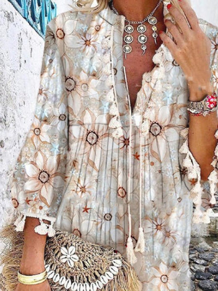 Women's Vintage Print V-Neck Fringe Dress in Blouses & Shirts with versatile layering silhouettes