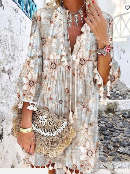 Women's Vintage Print V-Neck Fringe Dress in Blouses & Shirts with versatile layering silhouettes