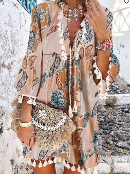 Women's Vintage Print V-Neck Fringe Dress in Blouses & Shirts with versatile layering silhouettes
