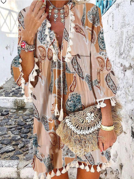 Women's Vintage Print V-Neck Fringe Dress in Blouses & Shirts with versatile layering silhouettes