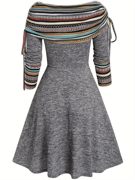 Vintage Printed A-line Off-Shoulder Drawstring Midi Dress