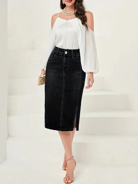 Vintage Washed Split Denim Skirt with Zipper Closure and Pockets