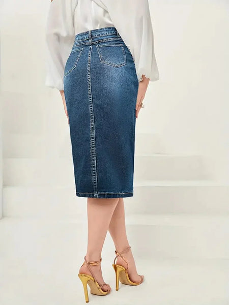 Vintage Washed Split Denim Skirt with Zipper Closure and Pockets