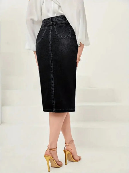 Vintage Washed Split Denim Skirt with Zipper Closure and Pockets