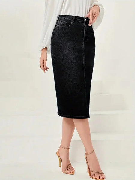 Vintage Washed Split Denim Skirt with Zipper Closure and Pockets