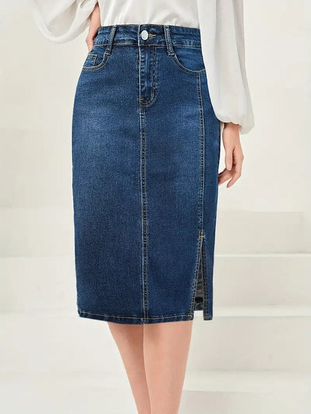 Vintage Washed Split Denim Skirt with Zipper Closure and Pockets