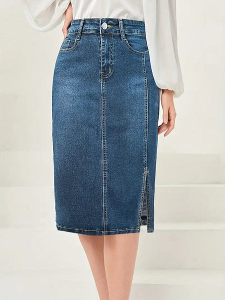 Vintage Washed Split Denim Skirt with Zipper Closure and Pockets