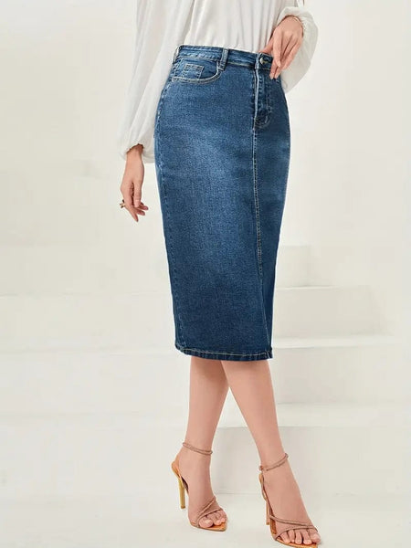Vintage Washed Split Denim Skirt with Zipper Closure and Pockets