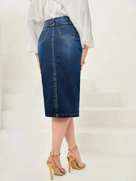 Vintage Washed Split Denim Skirt with Zipper Closure and Pockets