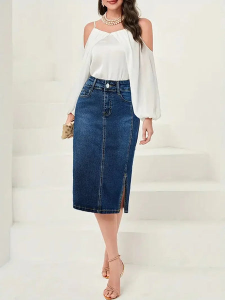 Vintage Washed Split Denim Skirt with Zipper Closure and Pockets
