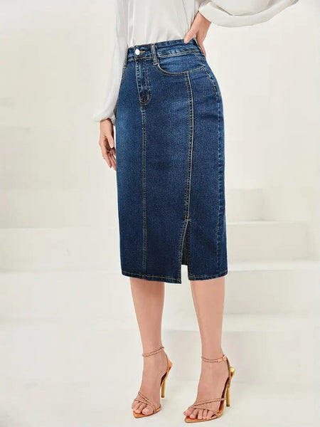 Vintage Washed Split Denim Skirt with Zipper Closure and Pockets