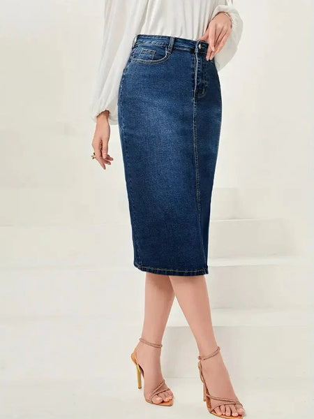 Vintage Washed Split Denim Skirt with Zipper Closure and Pockets