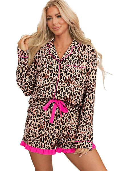 Viscose Leopard Print Long Sleeve Shirt & Ruffle Shorts Set