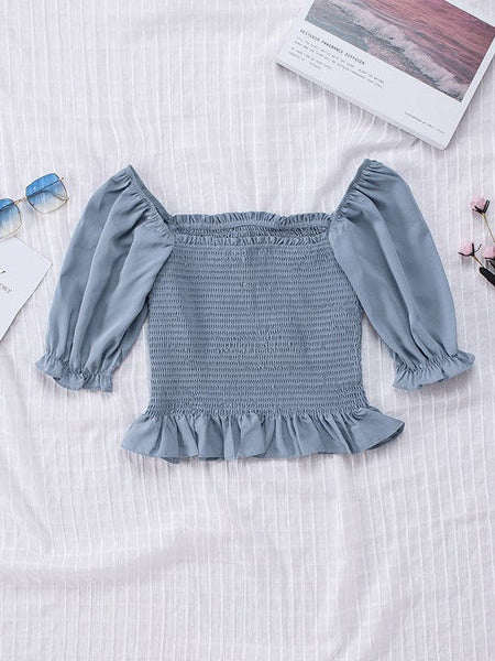 Waist-Enhancing Women'S Top With Puff Sleeves In Square Neck Silhouette Chiffon Blouse