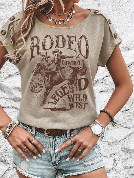 Western Cowboy RODEO Smoke Gray Graphic Batwing Sleeve T-Shirt