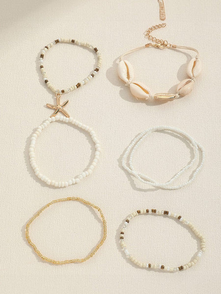 Bohemian Seaside Shell and Starfish Beaded Bracelet Set