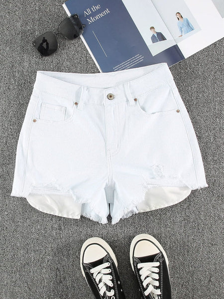 Light Blue Fringed Summer Denim Shorts