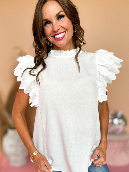 White High Neck Ruffle Top