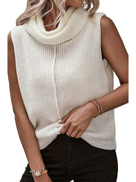 White Knitted Turtleneck Vest Sweater For Women With Sleeveless Design