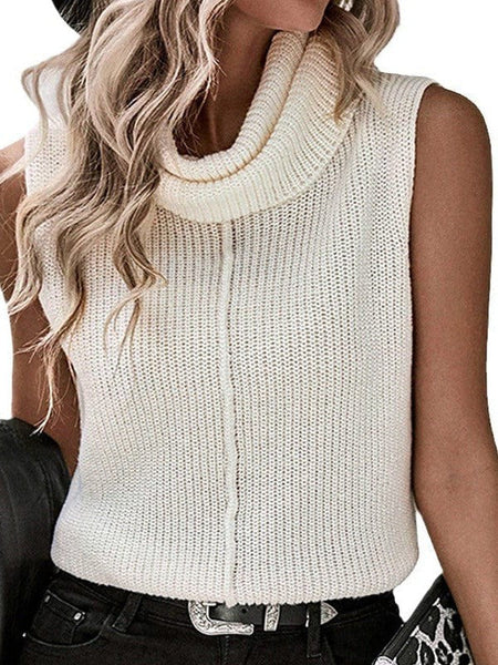 White Knitted Turtleneck Vest Sweater For Women With Sleeveless Design