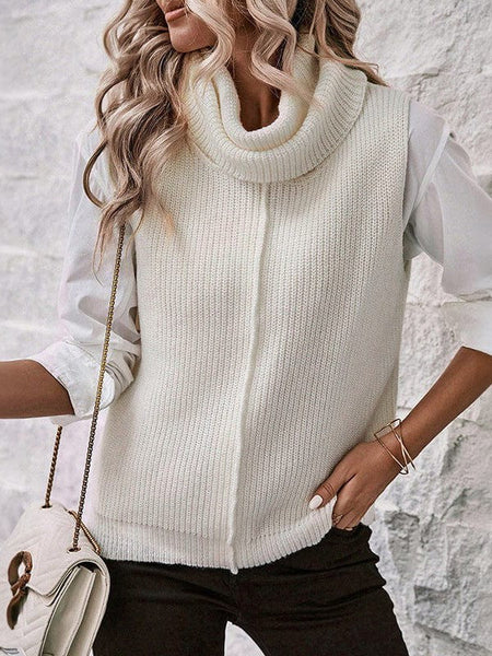White Knitted Turtleneck Vest Sweater For Women With Sleeveless Design