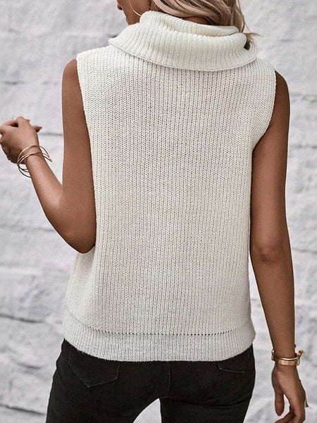White Knitted Turtleneck Vest Sweater For Women With Sleeveless Design