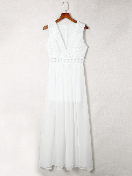 Women's Gold Appliqué Deep V Chiffon Maxi with High Slit