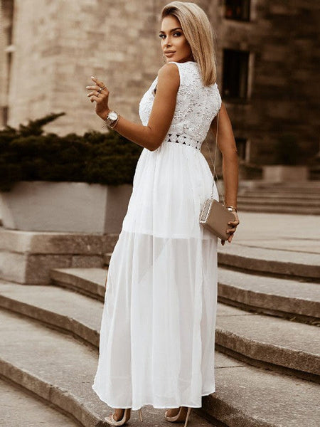 Women's Gold Appliqué Deep V Chiffon Maxi with High Slit