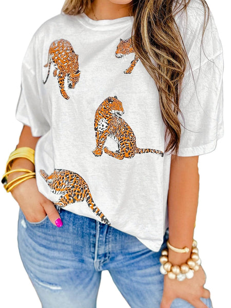 White Leopard Print Drop Shoulder Casual Tee with Round Neck