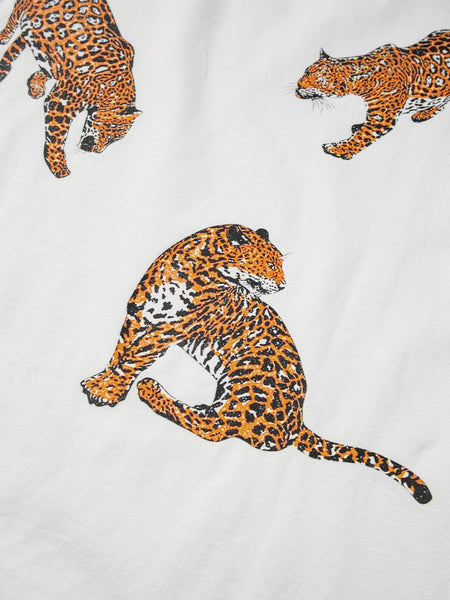 White Leopard Print Drop Shoulder Casual Tee with Round Neck