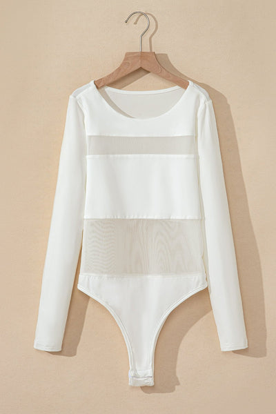 Women's White Mesh Panel Long Sleeve Bodysuit with Patchwork
