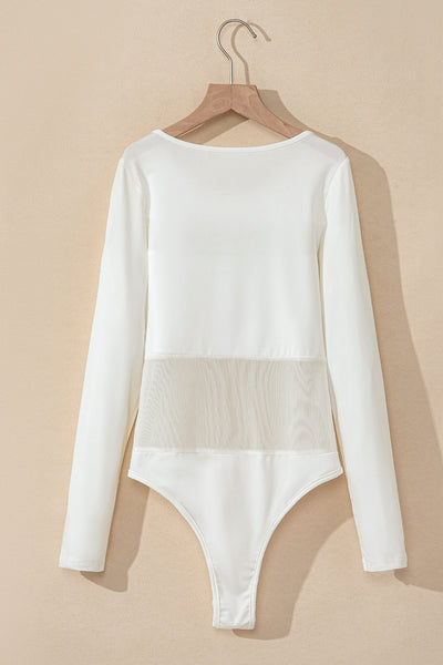 Women's White Mesh Panel Long Sleeve Bodysuit with Patchwork