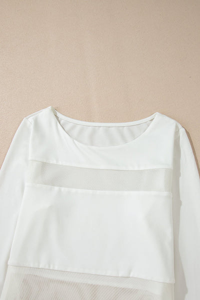 Women's White Mesh Panel Long Sleeve Bodysuit with Patchwork
