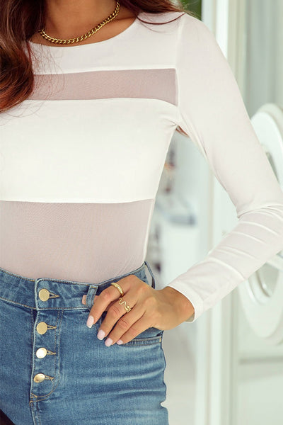 Women's White Mesh Panel Long Sleeve Bodysuit with Patchwork