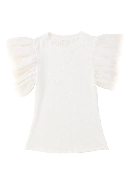 White Mesh Ruffle Sleeve Ribbed Knit Top with Dotty Detail