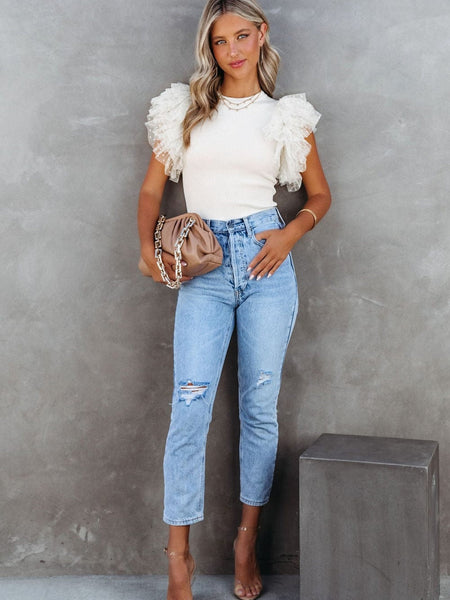 White Mesh Ruffle Sleeve Ribbed Knit Top with Dotty Detail