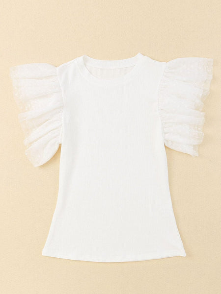 White Mesh Ruffle Sleeve Ribbed Knit Top with Dotty Detail