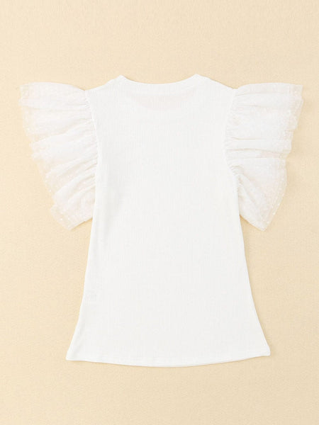 White Mesh Ruffle Sleeve Ribbed Knit Top with Dotty Detail