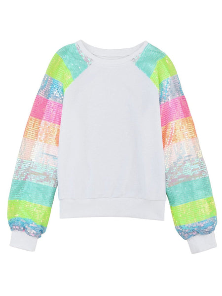 Women's White Sequin Color Block Casual Sweatshirt with Raglan Sleeves