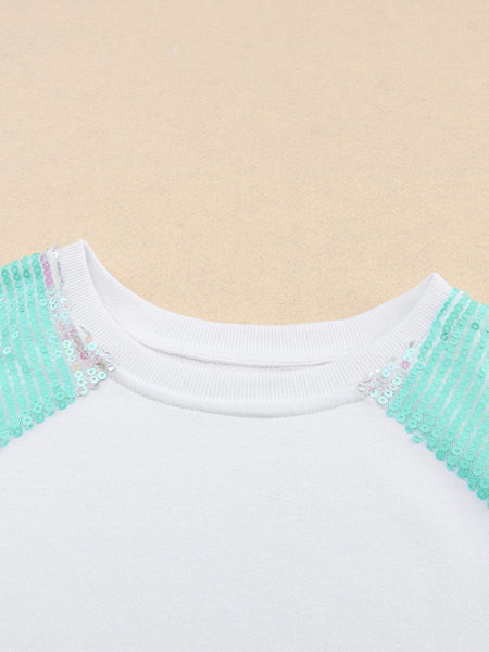 Women's White Sequin Color Block Casual Sweatshirt with Raglan Sleeves