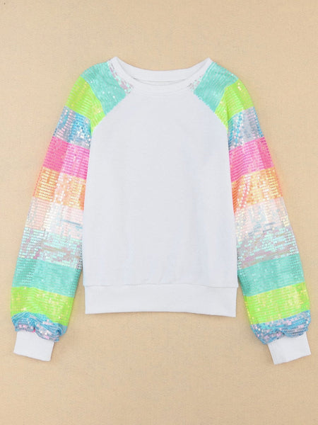 Women's White Sequin Color Block Casual Sweatshirt with Raglan Sleeves