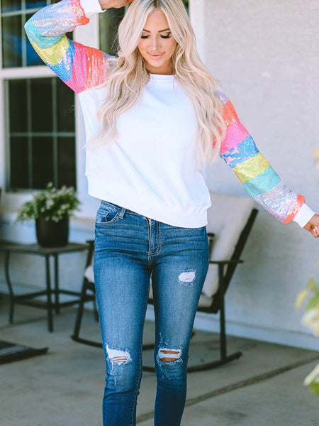Women's White Sequin Color Block Casual Sweatshirt with Raglan Sleeves